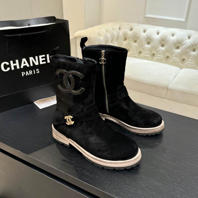 Chanel Black Suede Mid-Calf Boot with Gold-Tone Hardware