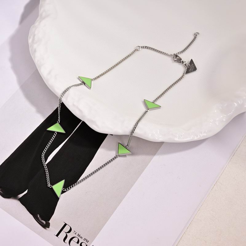 Prada Triangle Accent Chain Necklace in Silver Tone and Green